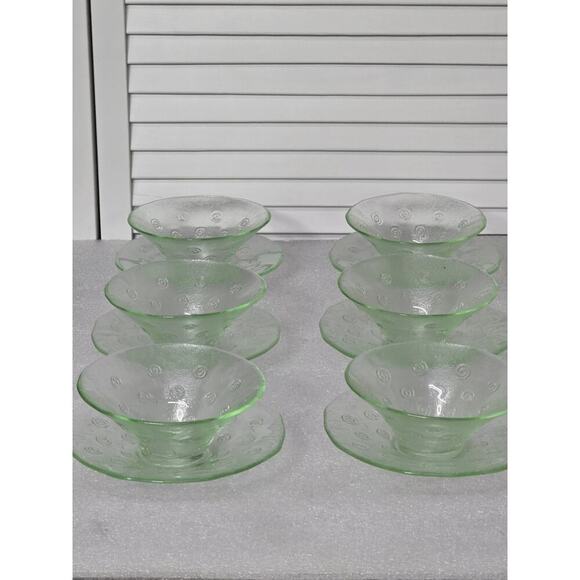 Unmarked Other - 6 Sets Green Recycled Glass Bowls With Saucers Swirl Design EUC Vintage MCM